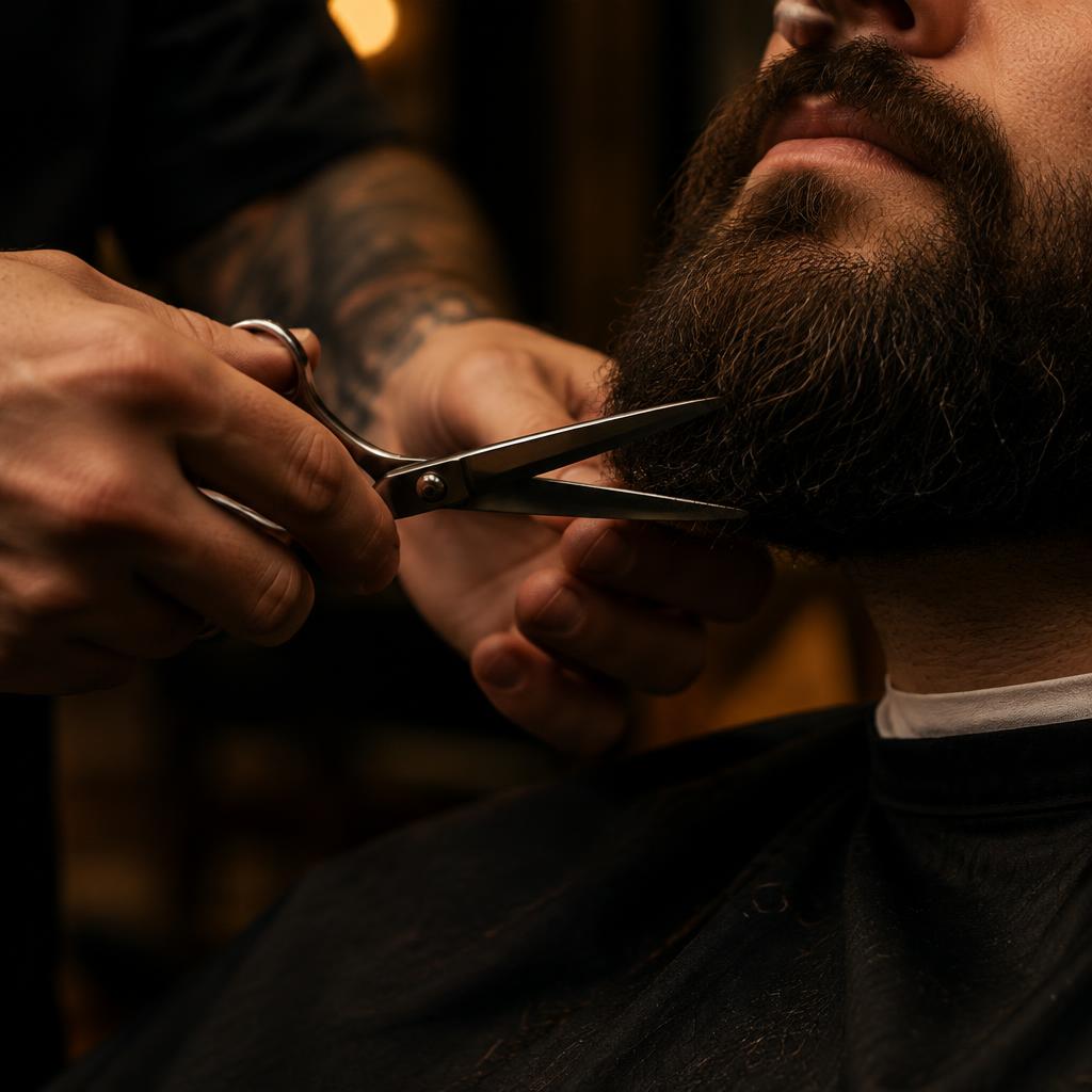 Barbier trimt een baard met een schaar